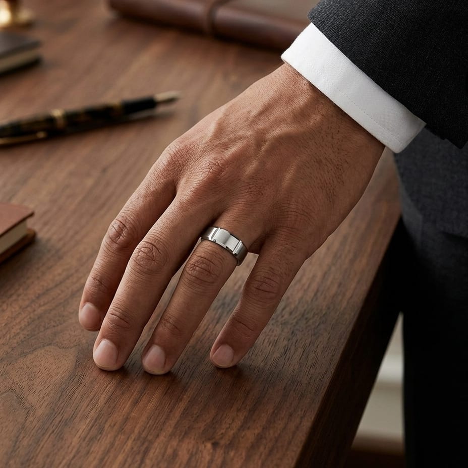 8mm Satin Finish Grooves Carved Wedding Band in 18K White Gold, worn on hand, masculine full view