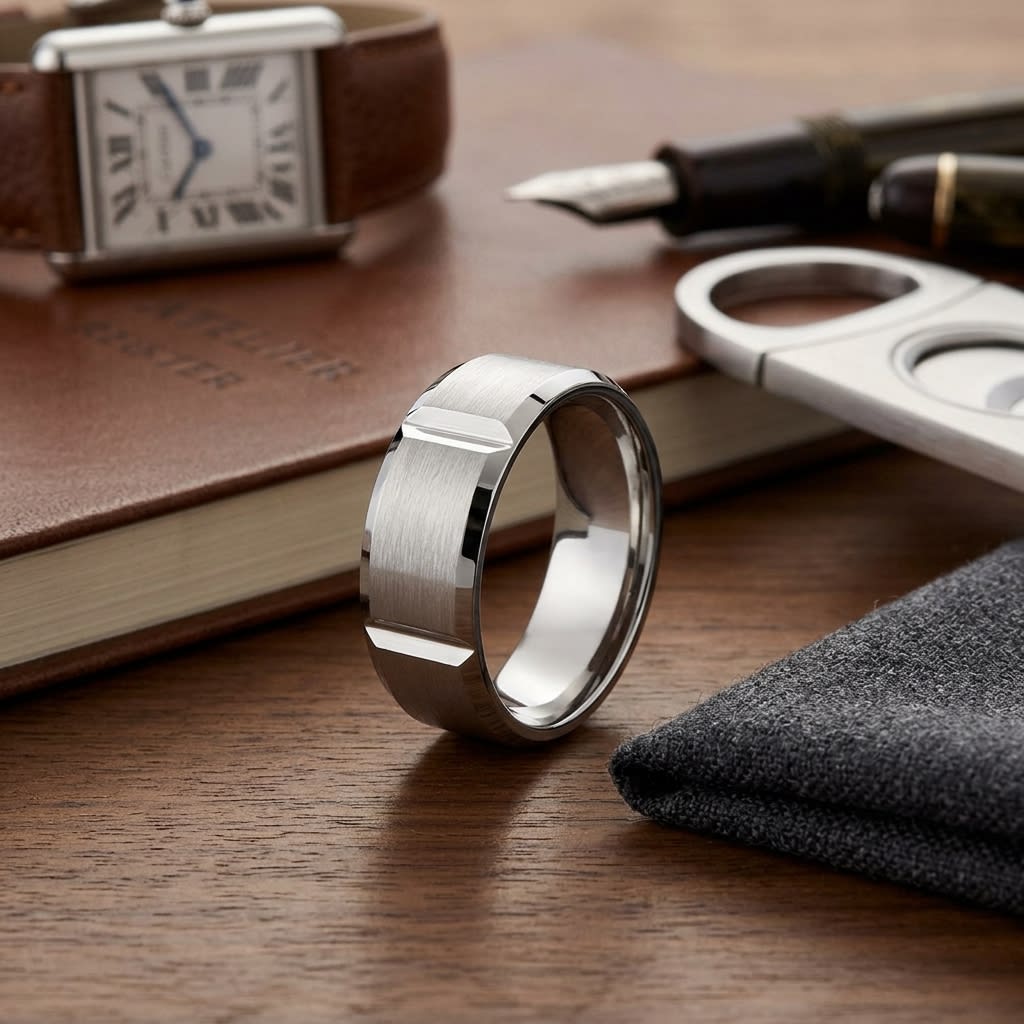 8mm Satin Finish Grooves Carved Wedding Band in 18K White Gold, on walnut surface with pocket square