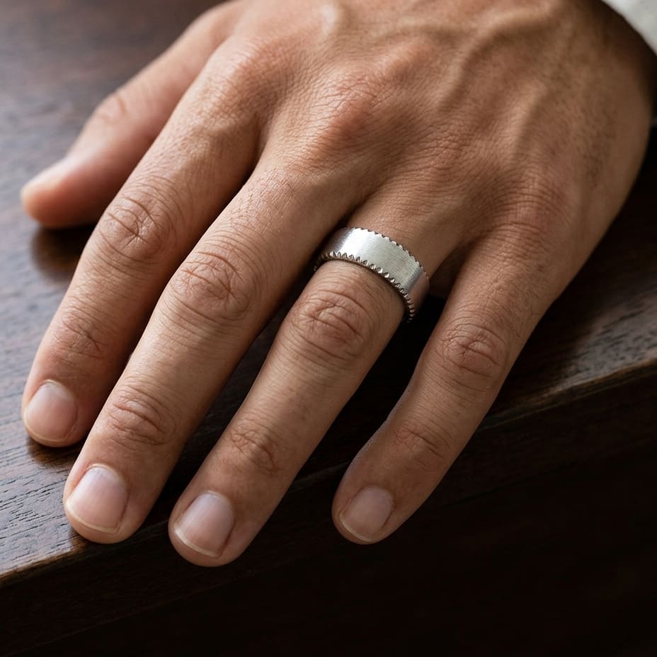7.5mm Satin Finish Carved Wedding Band in 18K White Gold, worn on hand, masculine close-up