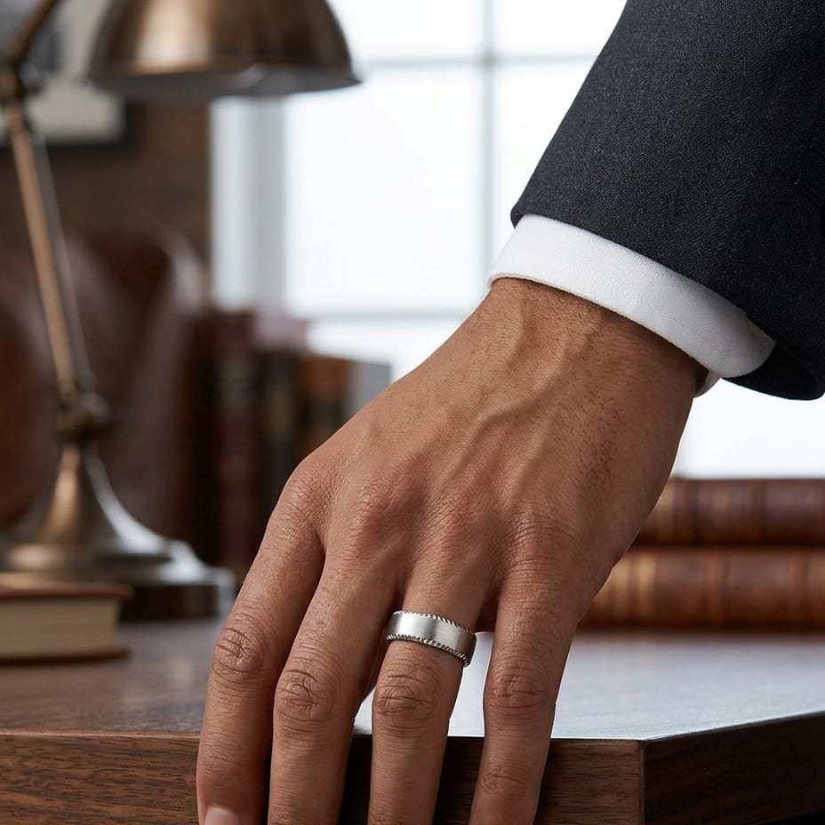 7.5mm Satin Finish Carved Wedding Band in 18K White Gold, worn on hand, masculine full view