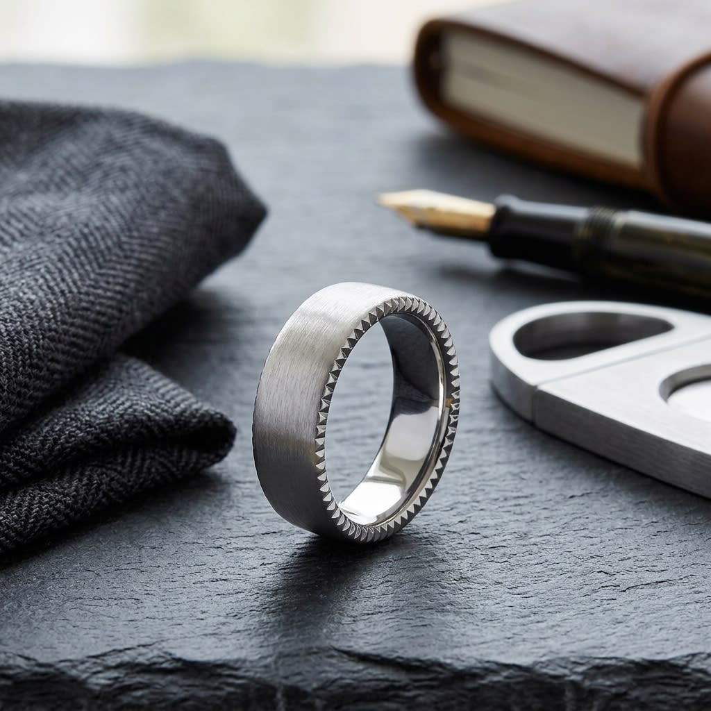 7.5mm Satin Finish Carved Wedding Band in 18K White Gold, on walnut surface with pocket square