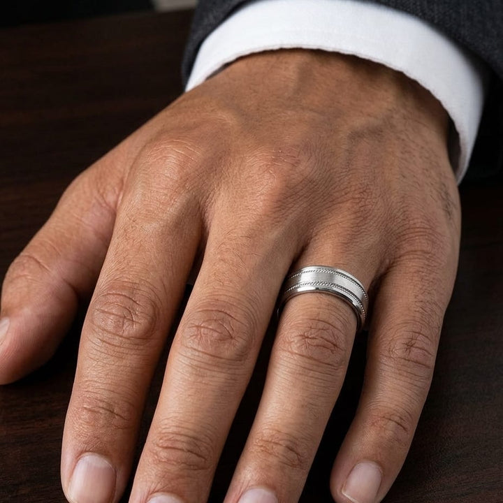 7.5mm Satin Finish Rope Carved Wedding Band in 18K White Gold, worn on hand, masculine close-up