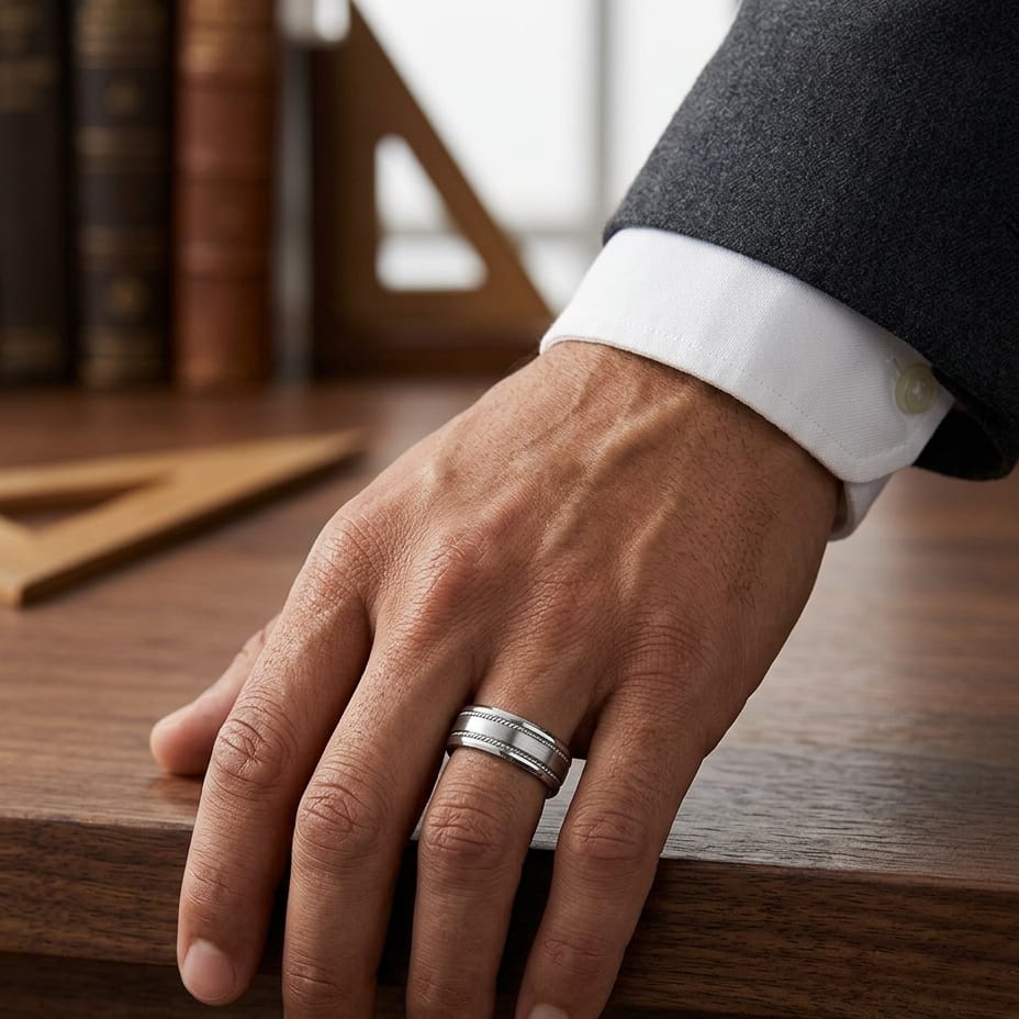 7.5mm Satin Finish Rope Carved Wedding Band in 18K White Gold, worn on hand, masculine full view
