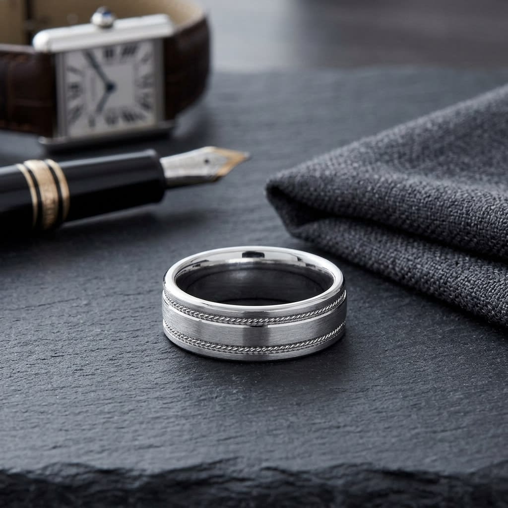 7.5mm Satin Finish Rope Carved Wedding Band in 18K White Gold, on walnut surface with pocket square