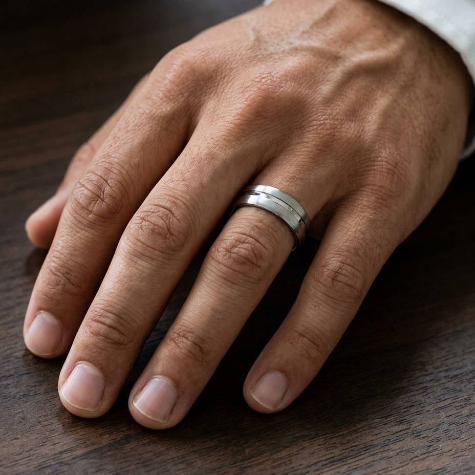7.5mm Satin Finish High Polished Center Cut Carved Wedding Band in 18K White Gold, worn on hand, masculine close-up