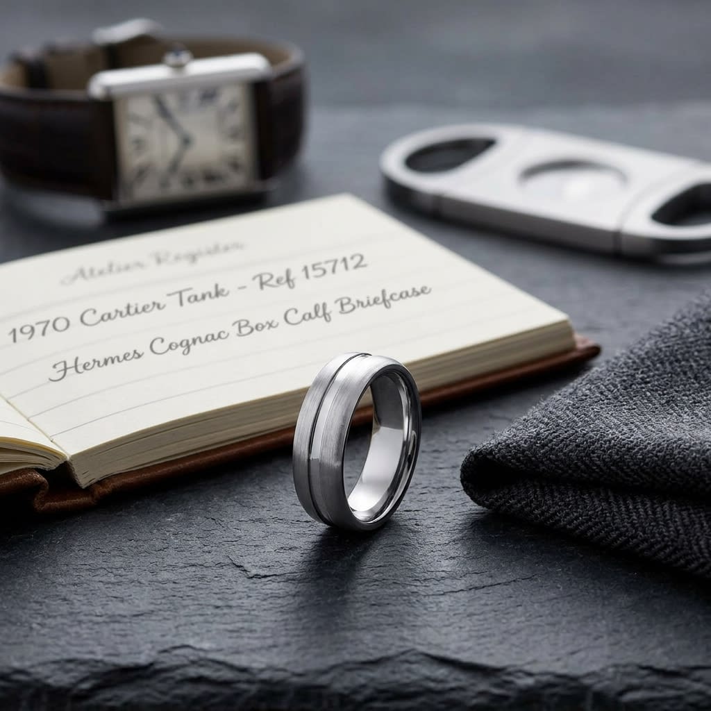 7.5mm Satin Finish High Polished Center Cut Carved Wedding Band in 18K White Gold, on walnut surface with pocket square