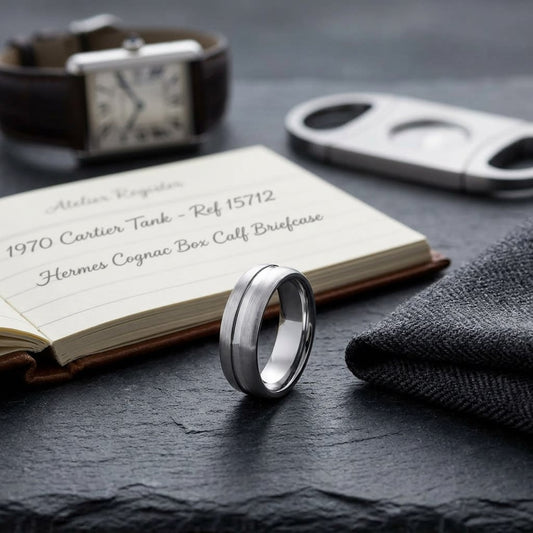7.5mm Satin Finish High Polished Center Cut Carved Wedding Band in 18K White Gold, on walnut surface with pocket square