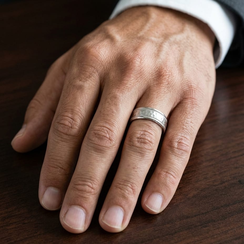 6mm Hammered Center High Polish Round Edge Carved Wedding Band in 18K White Gold, worn on hand, masculine close-up