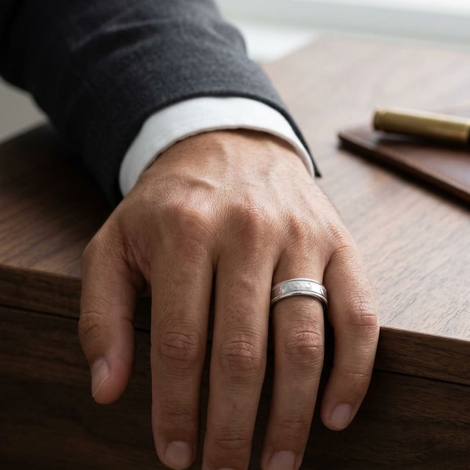 6mm Hammered Center High Polish Round Edge Carved Wedding Band in 18K White Gold, worn on hand, masculine full view