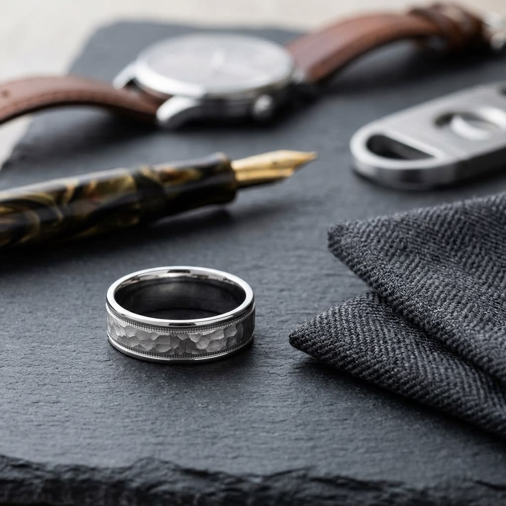 6mm Hammered Center High Polish Round Edge Carved Wedding Band in 18K White Gold, on walnut surface with pocket square