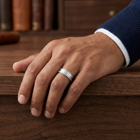 8mm Hammered Center High Polish Round Edge Carved Wedding Band in 18K White Gold, worn on hand, masculine full view