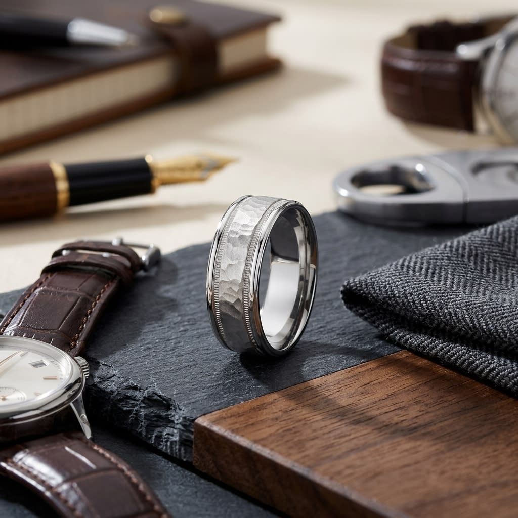 8mm Hammered Center High Polish Round Edge Carved Wedding Band in 18K White Gold, on walnut surface with pocket square