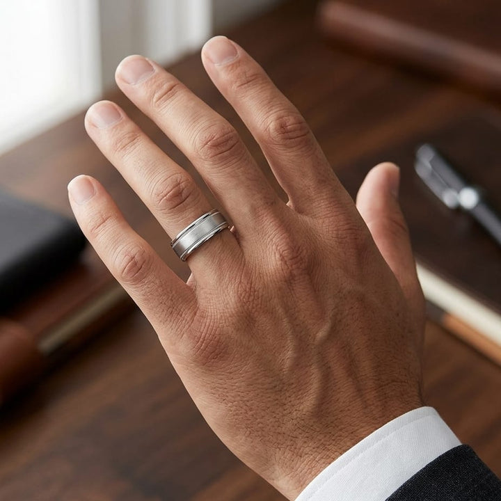 8mm Satin Finish Milgrain Round Edge Carved Wedding Band in 18K White Gold, worn on hand, masculine close-up