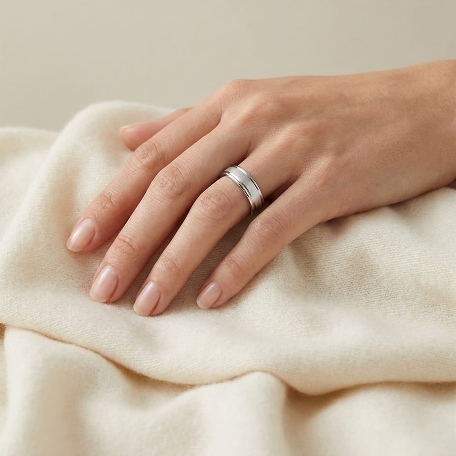 4mm Wired Finish High Polished Round Edge Carved Wedding Band in 18K White Gold, worn on hand, full view