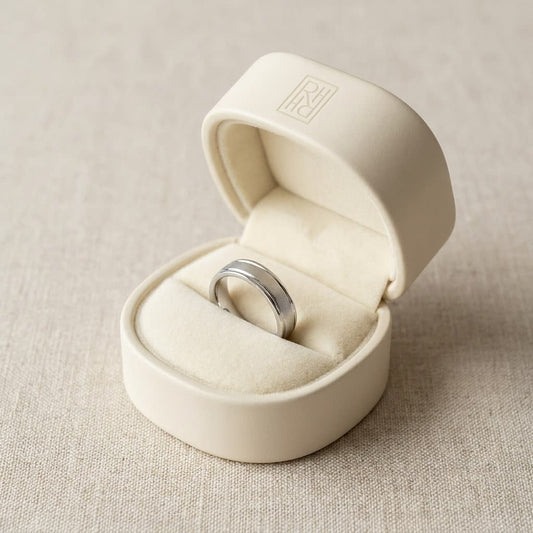 4mm Wired Finish High Polished Round Edge Carved Wedding Band in 18K White Gold, in navy velvet jewelry box