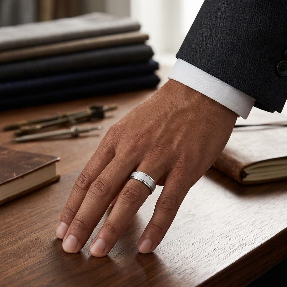 7mm Wired Finish High Polished Round Edge Carved Wedding Band in 18K White Gold, worn on hand, masculine full view