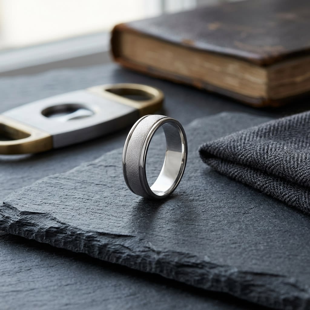 7mm Wired Finish High Polished Round Edge Carved Wedding Band in 18K White Gold, on walnut surface with pocket square