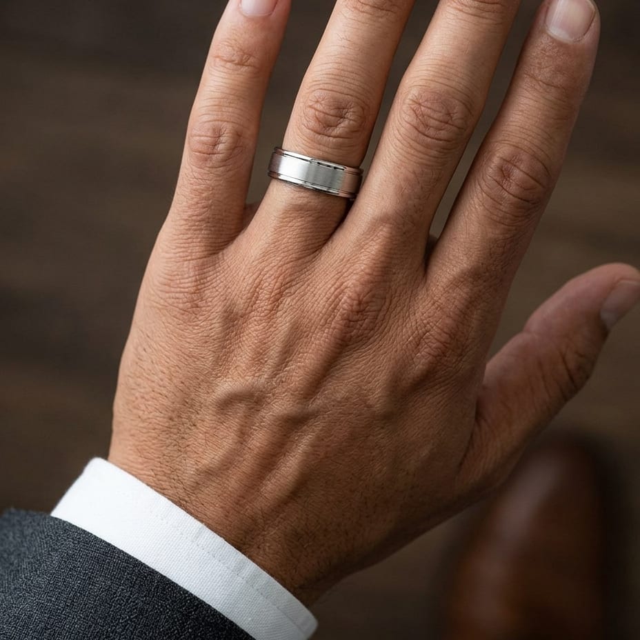 6mm Satin Finish High Polished Round Edge Carved Wedding Band in 18K White Gold, worn on hand, masculine close-up