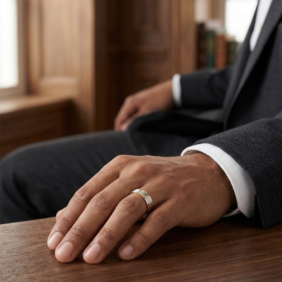 6mm Satin Finish High Polished Round Edge Carved Wedding Band in 18K White Gold, worn on hand, masculine full view