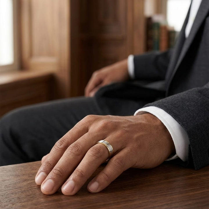 6mm Satin Finish High Polished Round Edge Carved Wedding Band in 18K White Gold, worn on hand, masculine full view
