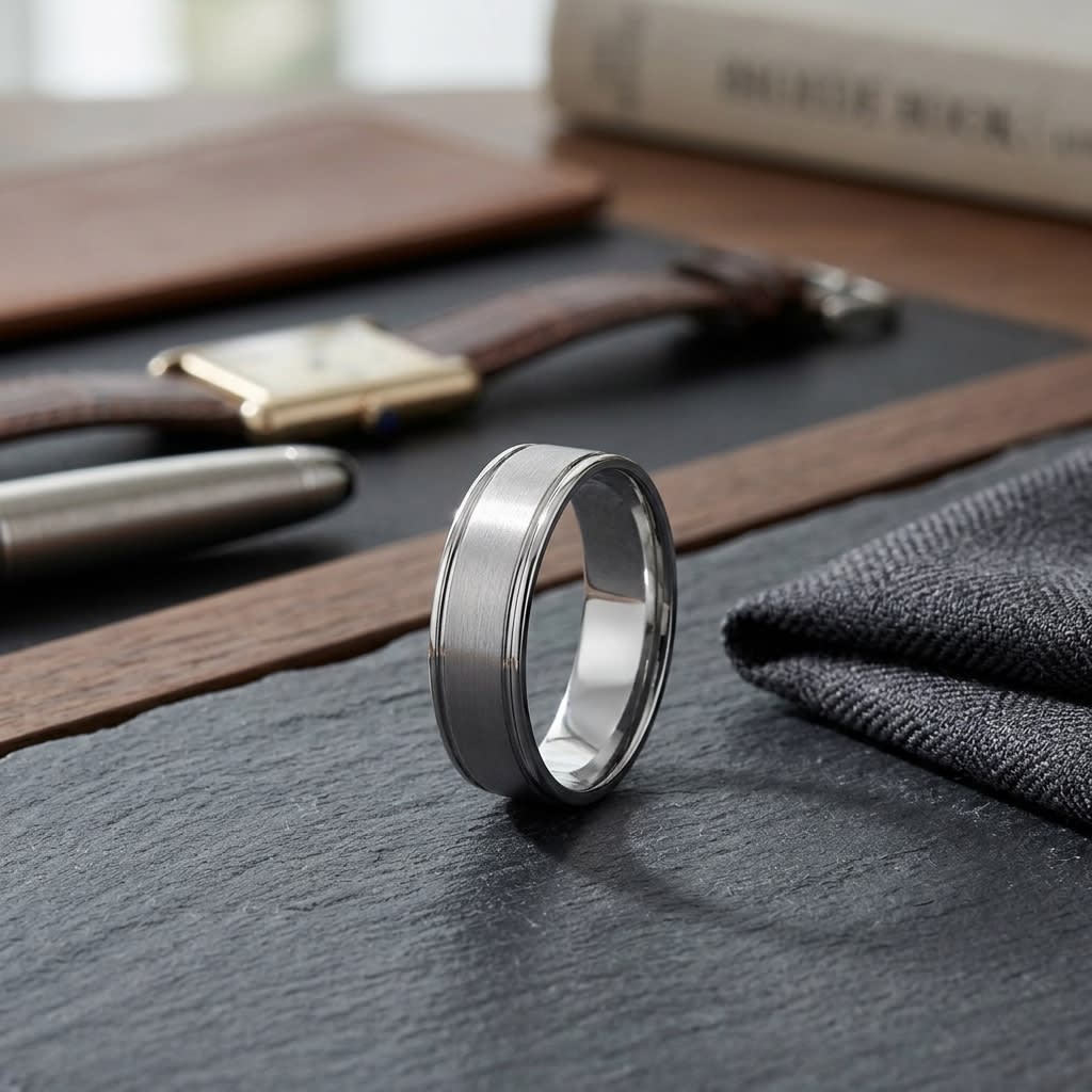 6mm Satin Finish High Polished Round Edge Carved Wedding Band in 18K White Gold, on walnut surface with pocket square