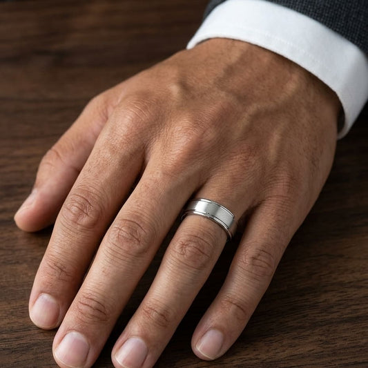 8mm Satin Finish High Polished Round Edge Carved Wedding Band in 18K White Gold, worn on hand, masculine close-up