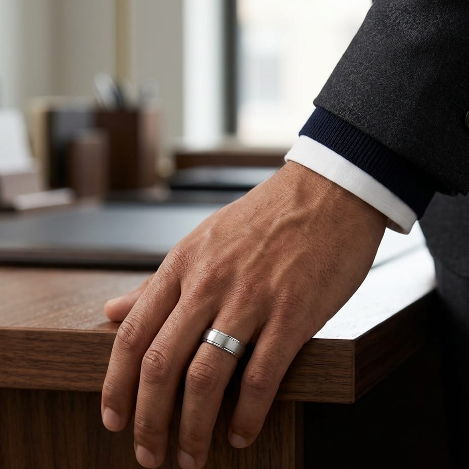 8mm Satin Finish High Polished Round Edge Carved Wedding Band in 18K White Gold, worn on hand, masculine full view