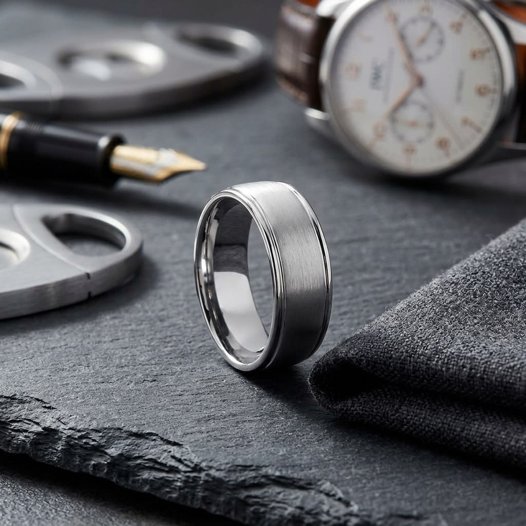 8mm Satin Finish High Polished Round Edge Carved Wedding Band in 18K White Gold, on walnut surface with pocket square