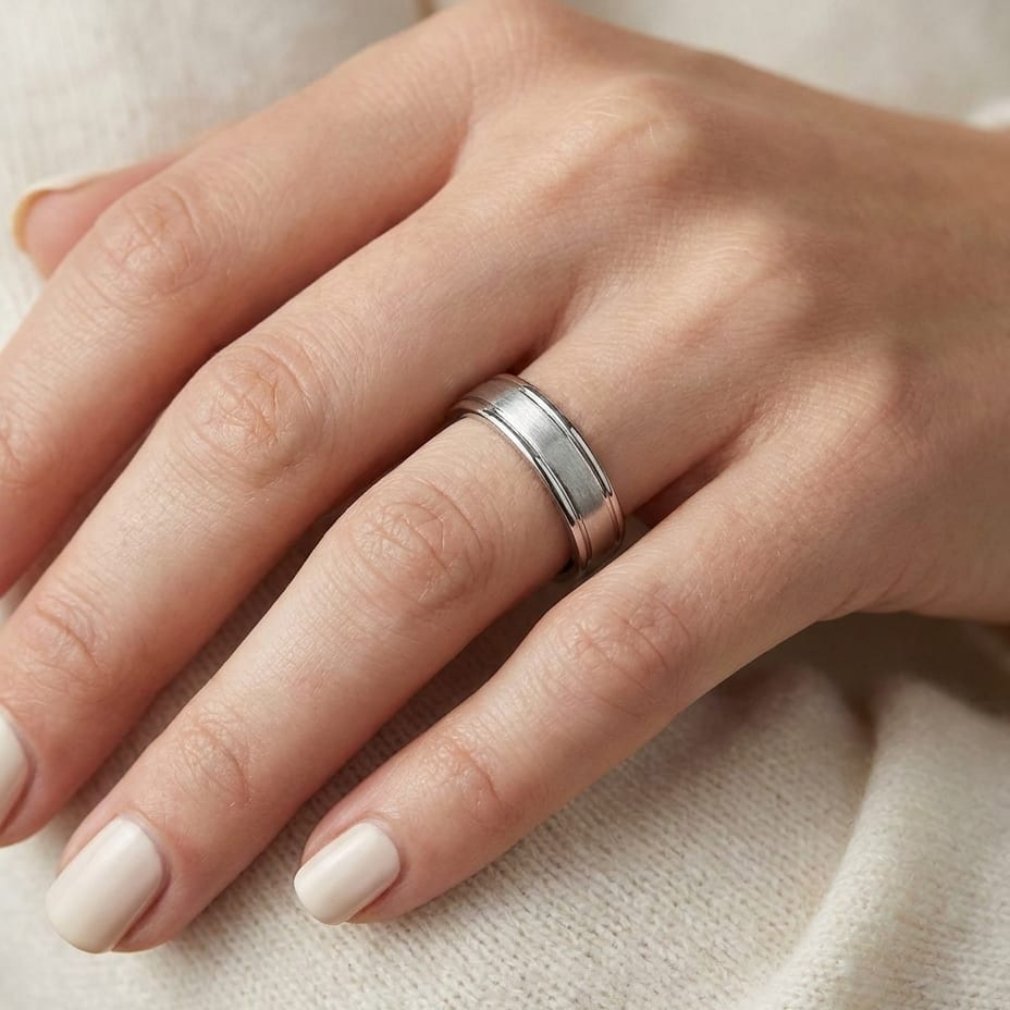 4mm Satin Finish High Polished Round Edge Carved Wedding Band in 18K White Gold, worn on hand, close-up