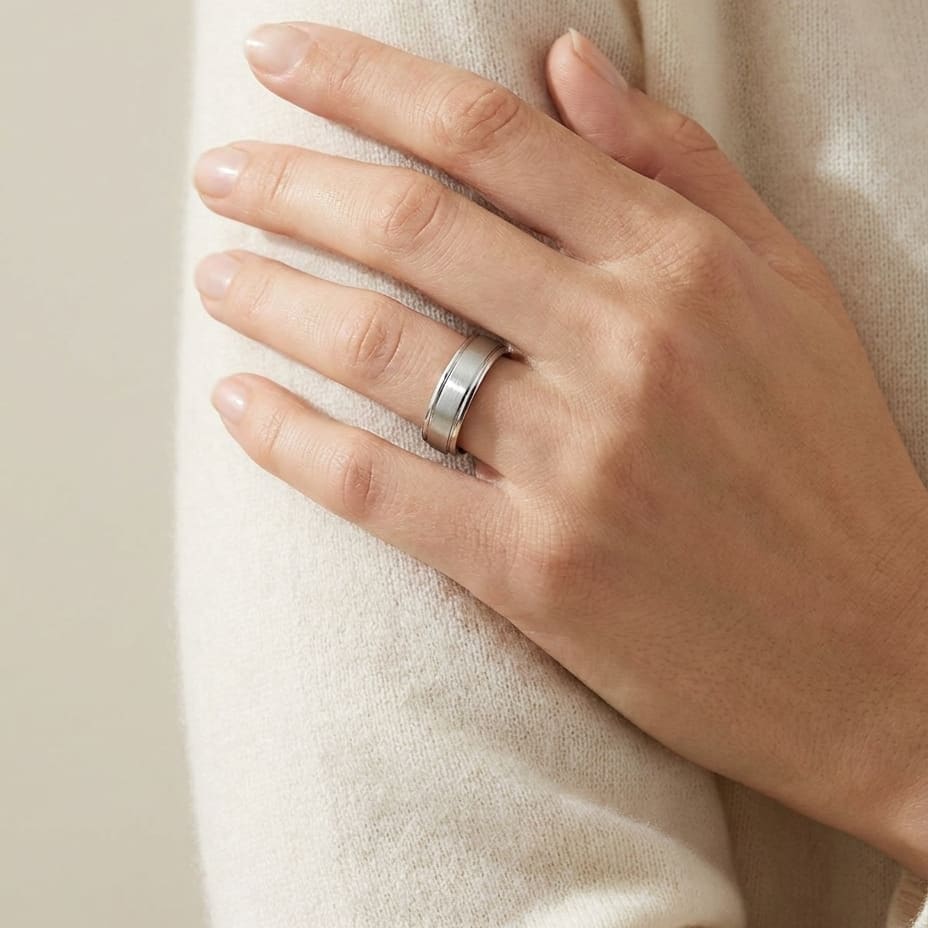 4mm Satin Finish High Polished Round Edge Carved Wedding Band in 18K White Gold, worn on hand, full view
