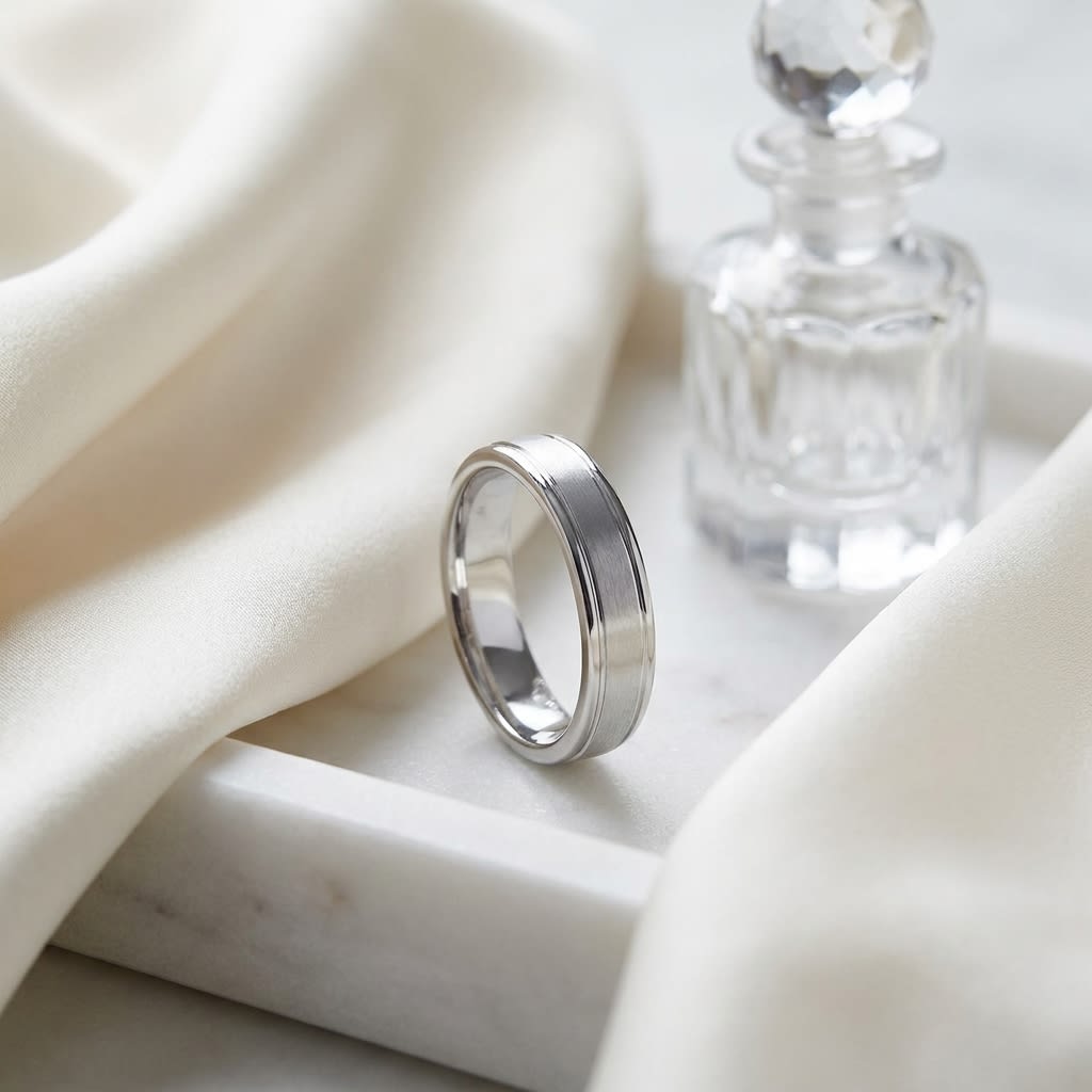 4mm Satin Finish High Polished Round Edge Carved Wedding Band in 18K White Gold, on marble vanity tray with silk