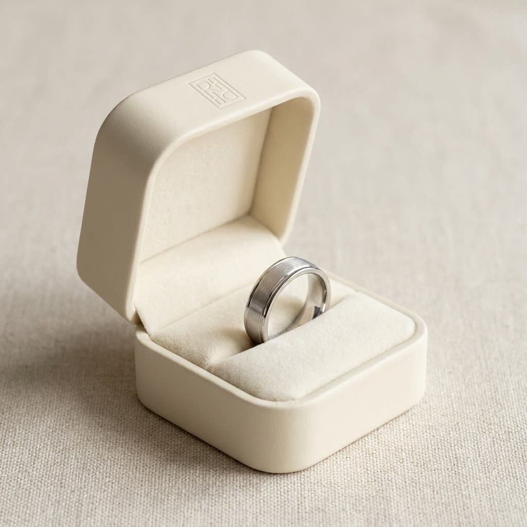 4mm Satin Finish High Polished Round Edge Carved Wedding Band in 18K White Gold, in navy velvet jewelry box