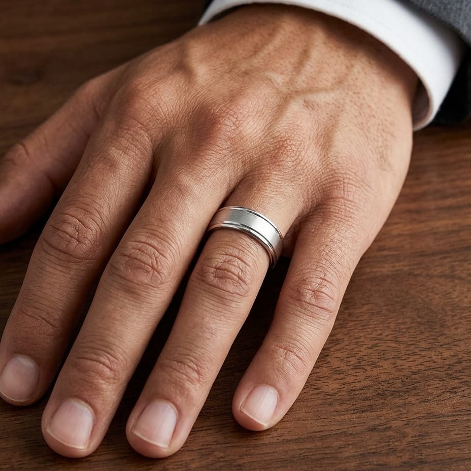 7mm Satin Finish High Polished Round Edge Carved Wedding Band in 18K White Gold, worn on hand, masculine close-up