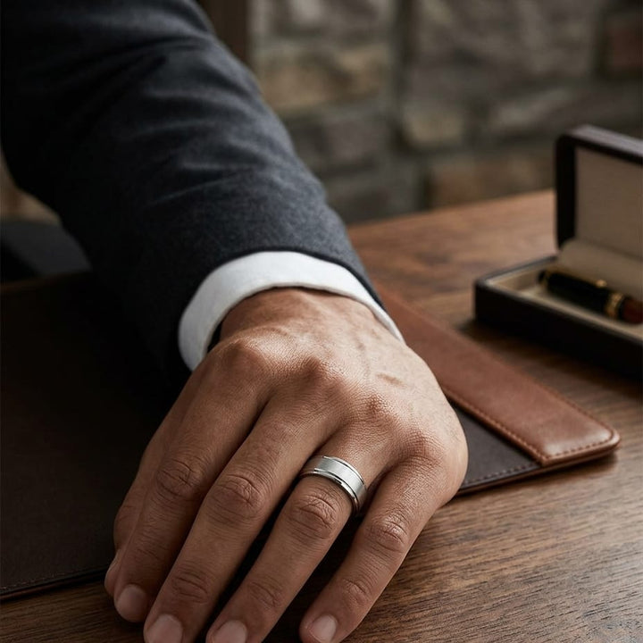 7mm Satin Finish High Polished Round Edge Carved Wedding Band in 18K White Gold, worn on hand, masculine full view