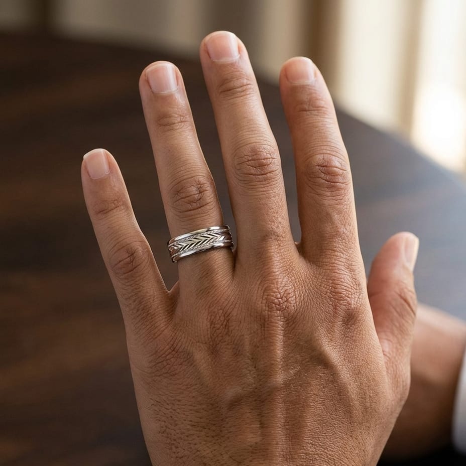 6mm Comfort-Fit Wedding Band in 18K White Gold, worn on hand, masculine close-up