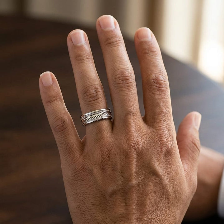 6mm Comfort-Fit Wedding Band in 18K White Gold, worn on hand, masculine close-up