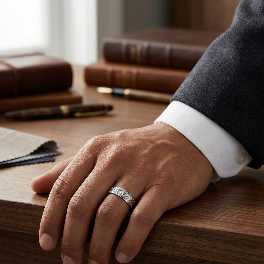 6mm Comfort-Fit Wedding Band in 18K White Gold, worn on hand, masculine full view
