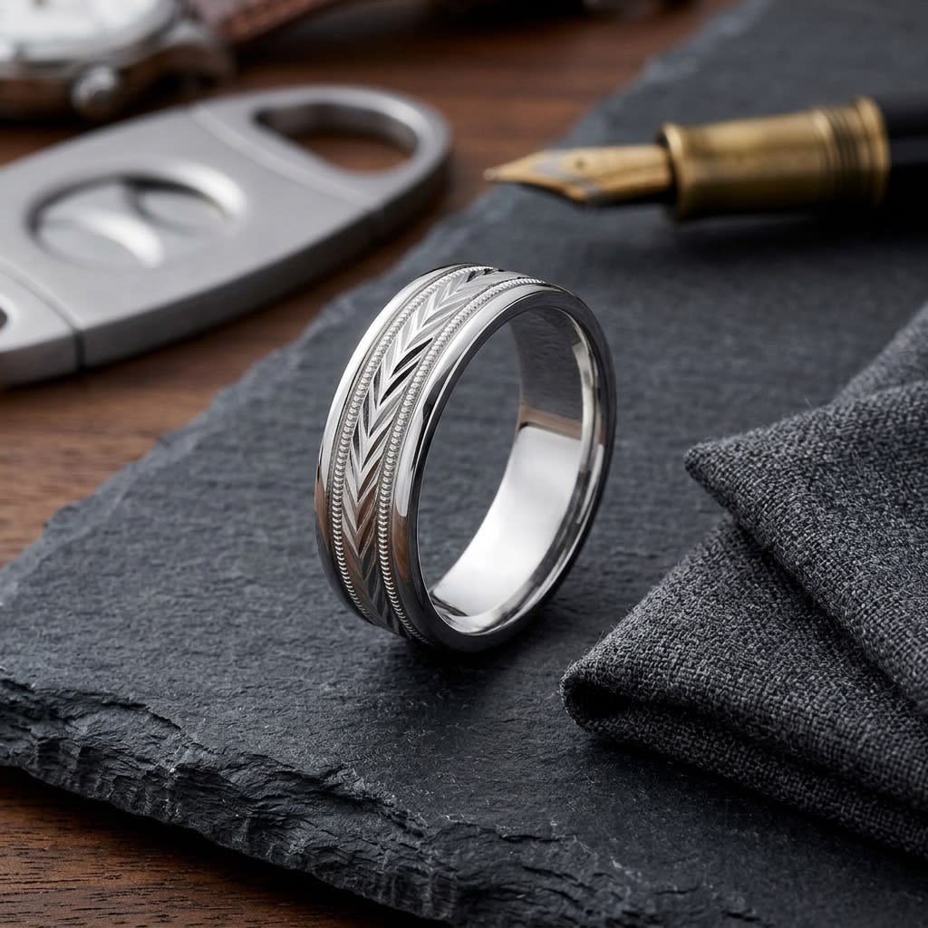 6mm Comfort-Fit Wedding Band in 18K White Gold, on walnut surface with pocket square
