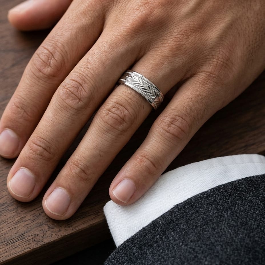 6mm Satin Finish High Polished Center Trim Carved Wedding Band in 18K White Gold, worn on hand, masculine close-up