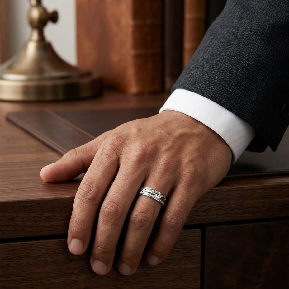 6mm Satin Finish High Polished Center Trim Carved Wedding Band in 18K White Gold, worn on hand, masculine full view