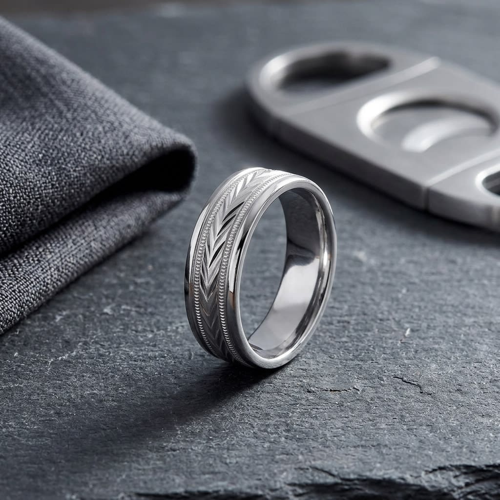 6mm Satin Finish High Polished Center Trim Carved Wedding Band in 18K White Gold, on walnut surface with pocket square