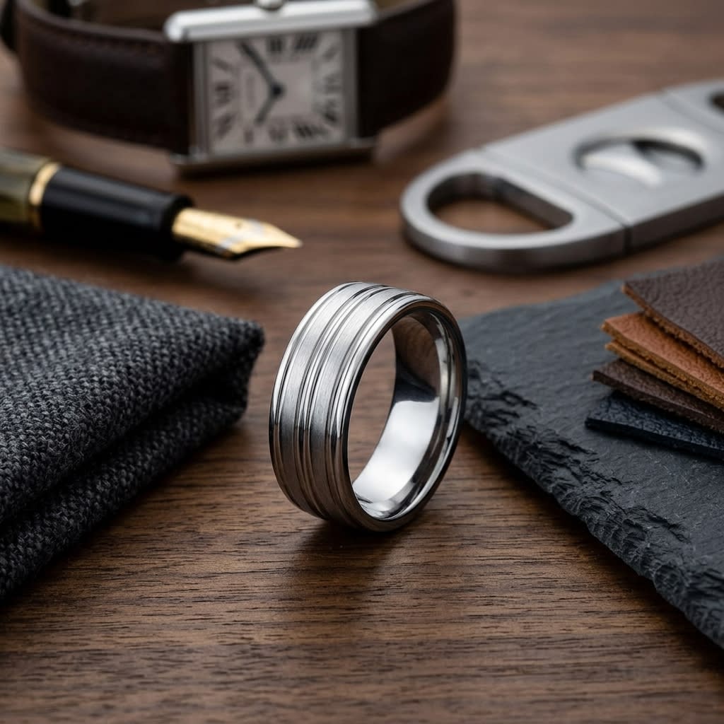 8mm Satin Finish High Polished Center Trim Carved Wedding Band in 18K White Gold, on walnut surface with pocket square