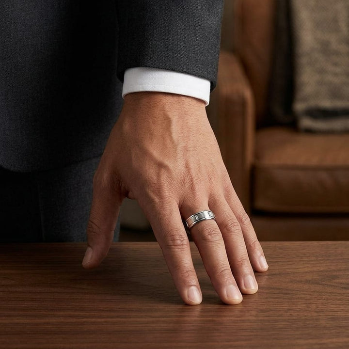 6mm Satin Finish High Polished Center Cut Carved Wedding Band in 18K White Gold, worn on hand, masculine full view