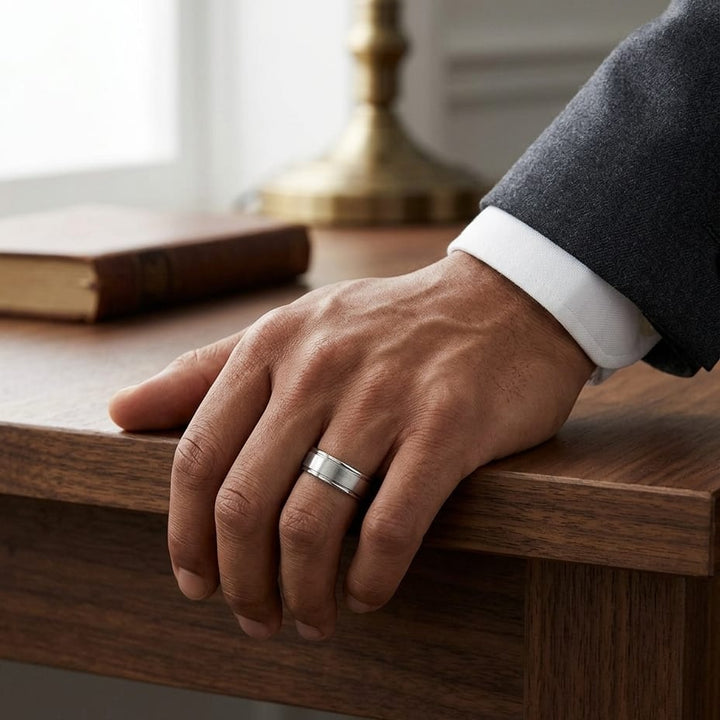 7.5mm Satin Finish High Polished Round Edge Carved Wedding Band in 18K White Gold, worn on hand, masculine full view