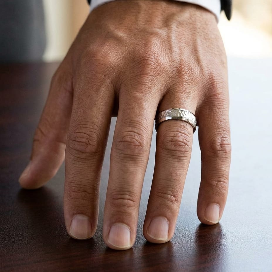 7.5mm Hammered Finish Beveled Edge Carved Wedding Band in 18K White Gold, worn on hand, masculine close-up