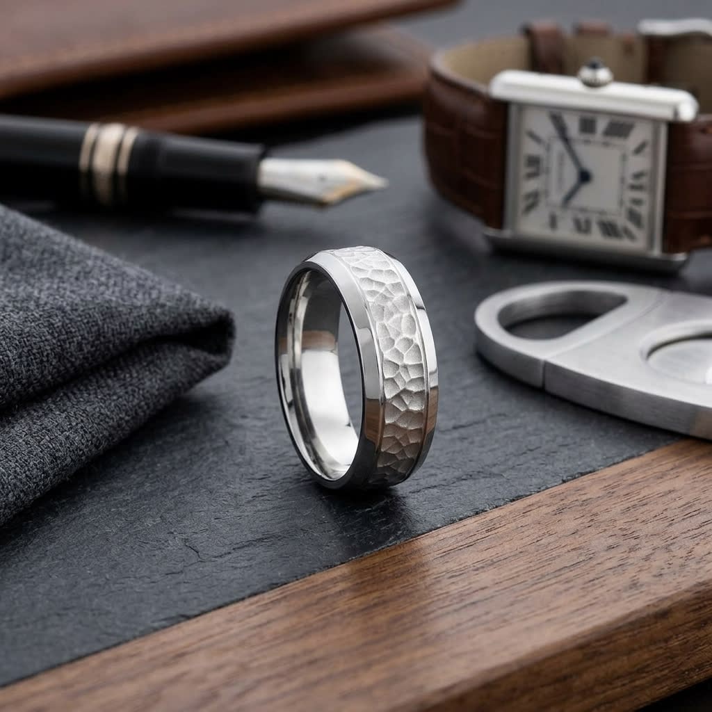 7.5mm Hammered Finish Beveled Edge Carved Wedding Band in 18K White Gold, on walnut surface with pocket square