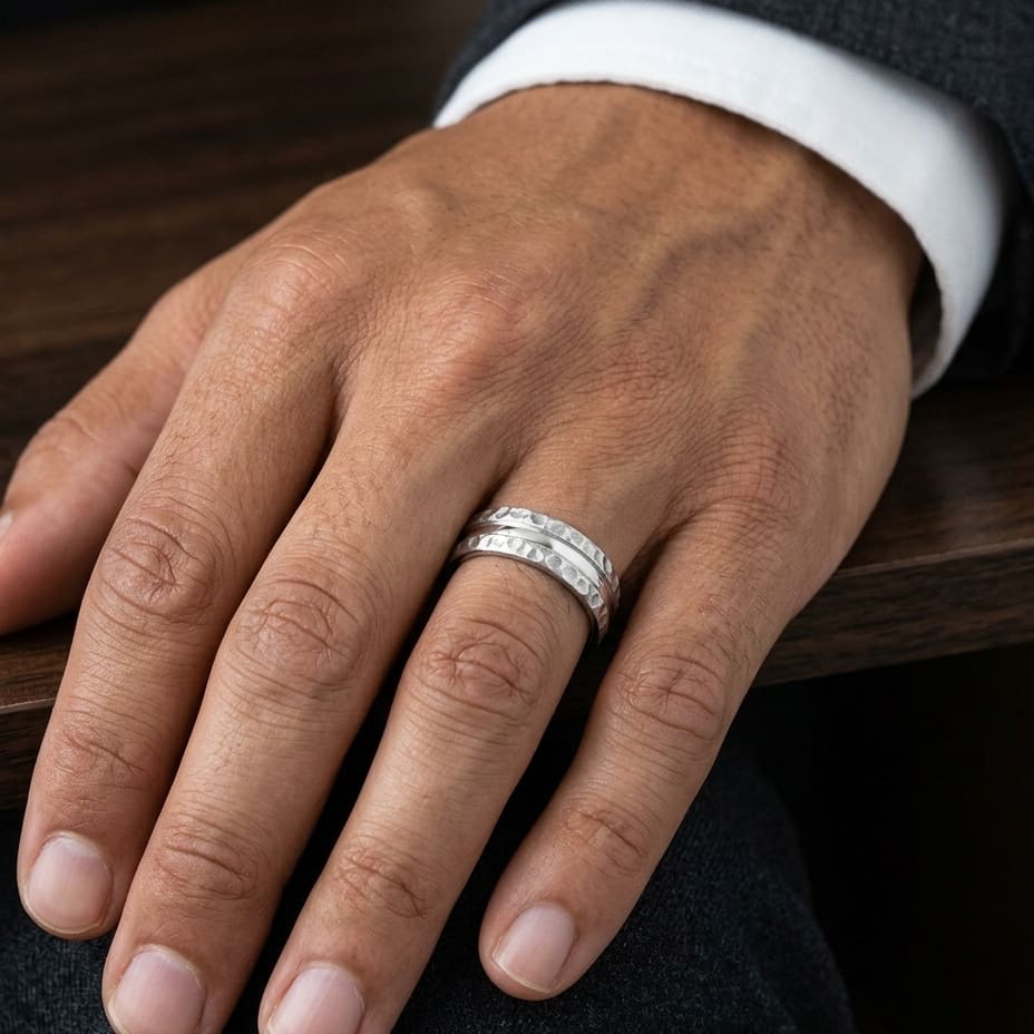 7.5mm Hammered Finish Carved Wedding Band in 18K White Gold, worn on hand, masculine close-up
