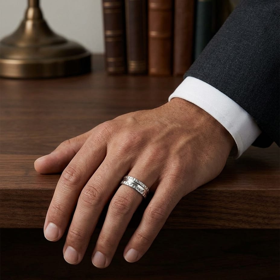 7.5mm Hammered Finish Carved Wedding Band in 18K White Gold, worn on hand, masculine full view
