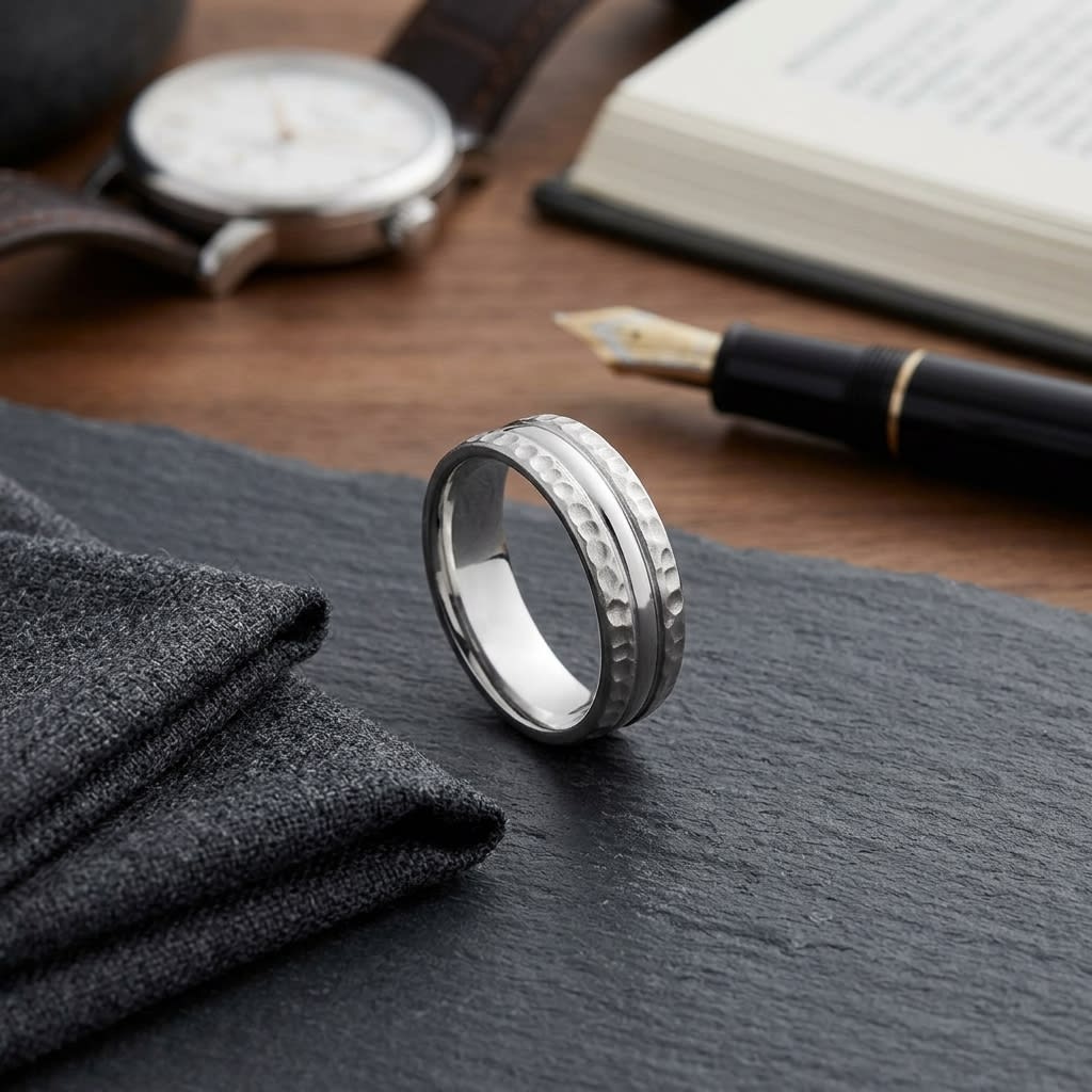 7.5mm Hammered Finish Carved Wedding Band in 18K White Gold, on walnut surface with pocket square