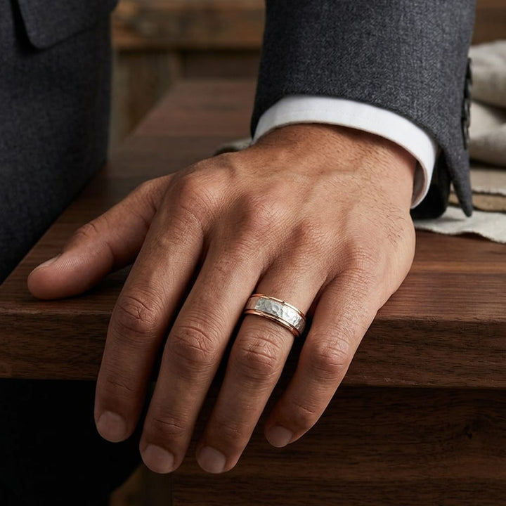 6mm Hammered Finish Carved Wedding Band in 18K White Gold, worn on hand, masculine full view